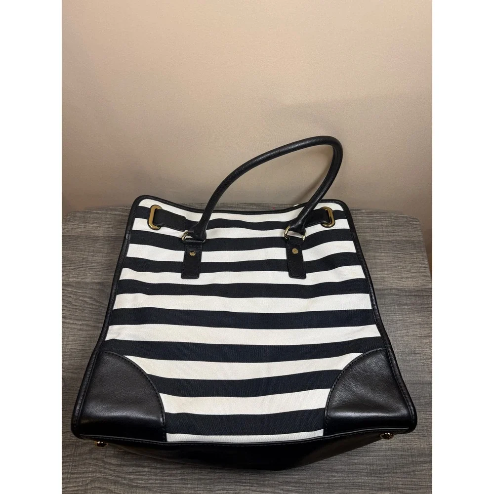 Michael Kors Hamilton Tote Bag Black White Striped Canvas Leather Gold Hardware